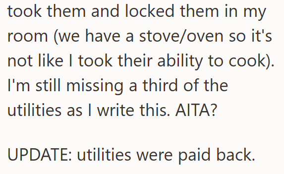 took them and locked them in my room (we have a stove/oven so it's not like I took their ability to cook). I'm still missing a third of the utilities as I write this. AITA? UPDATE: utilities were paid back.