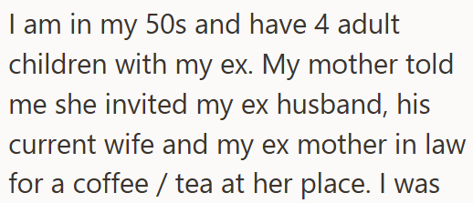 I am in my 50s and have 4 adult children with my ex. My mother told me she invited my ex husband, his current wife and my ex mother in law for a coffee/tea at her place. I was