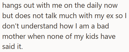 hangs out with me on the daily now but does not talk much with my ex so I don't understand how I am a bad mother when none of my kids have said it.
