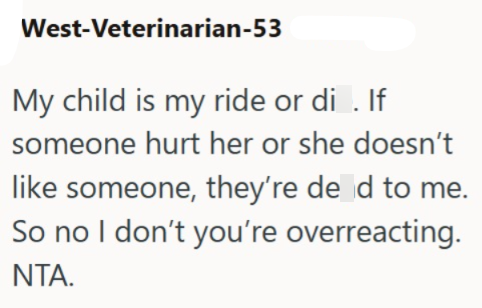 West-Veterinarian-53 My child is my ride or di . If someone hurt her or she doesn't like someone, they're de d to me. So no I don't you're overreacting. NTA.