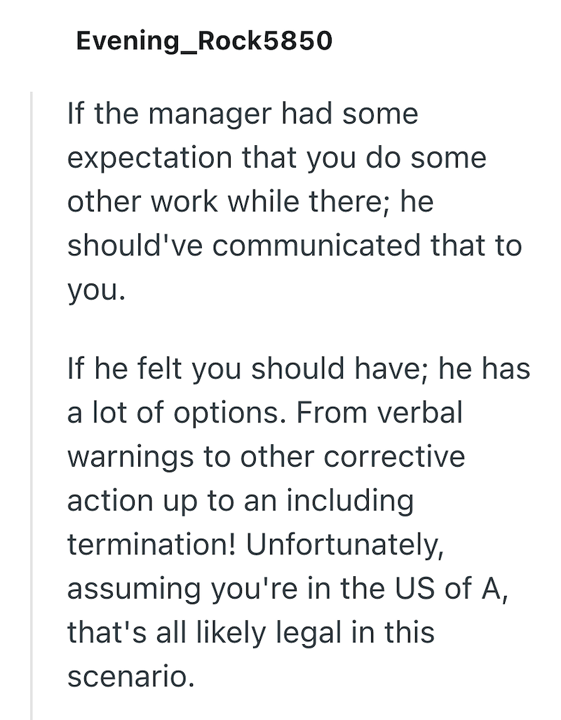 Evening_Rock5850 If the manager had some expectation that you do some other work while there; he should've communicated that to you. If he felt you should have; he has a lot of options. From verbal warnings to other corrective action up to an including termination! Unfortunately, assuming you're in the US of A, that's all likely legal in this scenario.
