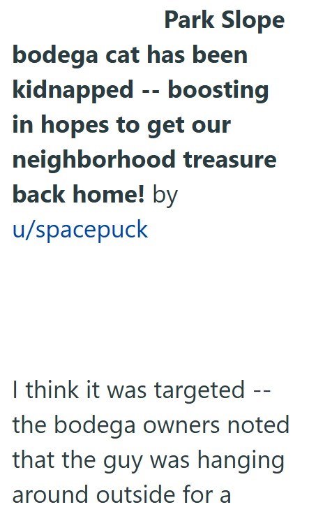 Park Slope bodega cat has been kidnapped -- boosting in hopes to get our neighborhood treasure back home! by u/spacepuck I think it was targeted -- the bodega owners noted that the guy was hanging around outside for a