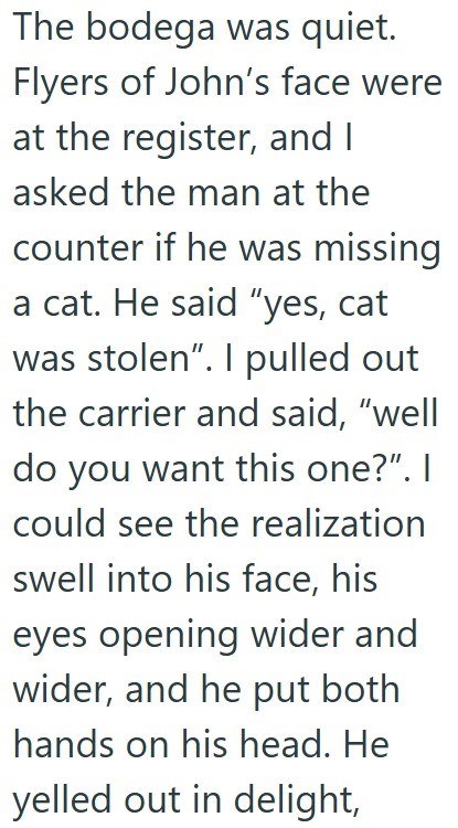 The bodega was quiet. Flyers of John's face were at the register, and I asked the man at the counter if he was missing a cat. He said "yes, cat was stolen". I pulled out the carrier and said, "well do you want this one?". I could see the realization swell into his face, his eyes opening wider and wider, and he put both hands on his head. He yelled out in delight,