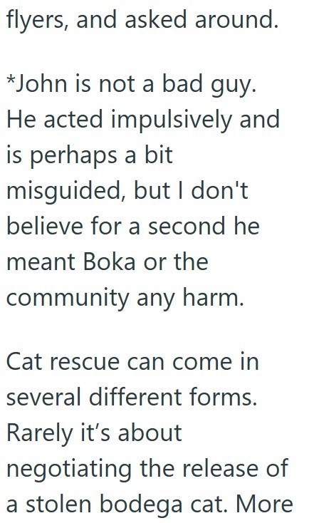 flyers, and asked around. *John is not a bad guy. He acted impulsively and is perhaps a bit misguided, but I don't believe for a second he meant Boka or the community any harm. Cat rescue can come in several different forms. Rarely it's about negotiating the release of a stolen bodega cat. More