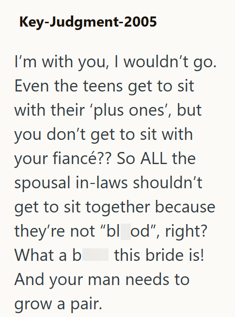 Key-Judgment-2005 I'm with you, I wouldn't go. Even the teens get to sit with their 'plus ones', but you don't get to sit with your fiancé?? So ALL the spousal in-laws shouldn't get to sit together because they're not "blood", right? What a b this bride is! And your man needs to grow a pair.