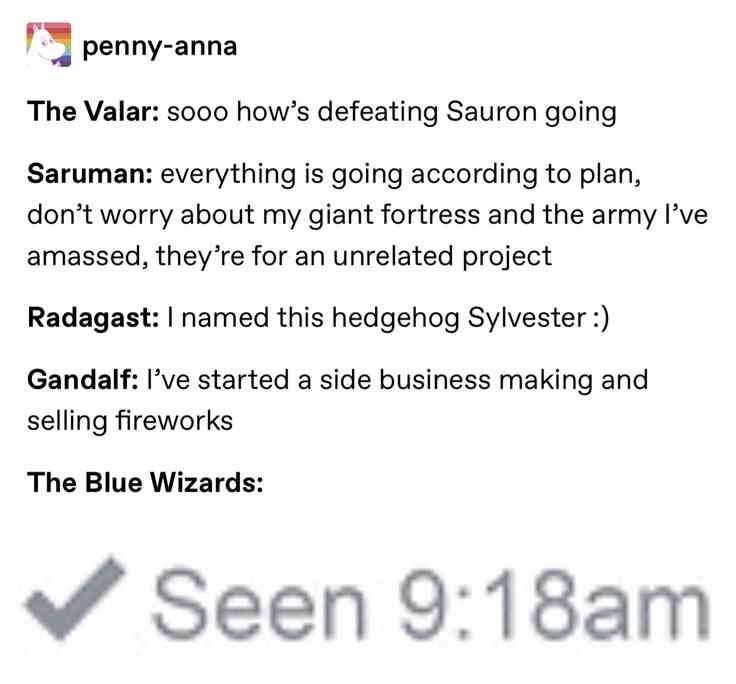 penny-anna The Valar: sooo how's defeating Sauron going Saruman: everything is going according to plan, don't worry about my giant fortress and the army I've amassed, they're for an unrelated project Radagast: I named this hedgehog Sylvester :) Gandalf: I've started a side business making and selling fireworks The Blue Wizards: Seen 9:18am