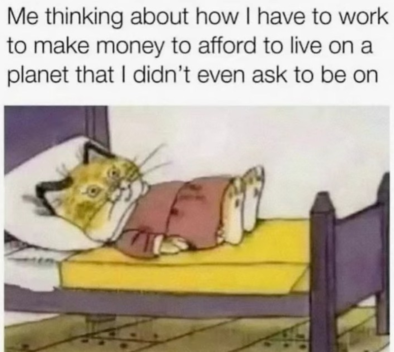 Me thinking about how I have to work to make money to afford to live on a planet that I didn't even ask to be on