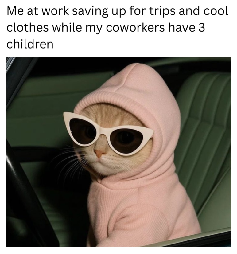Me at work saving up for trips and cool clothes while my coworkers have 3 children