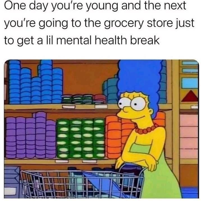 One day you're young and the next you're going to the grocery store just to get a lil mental health break