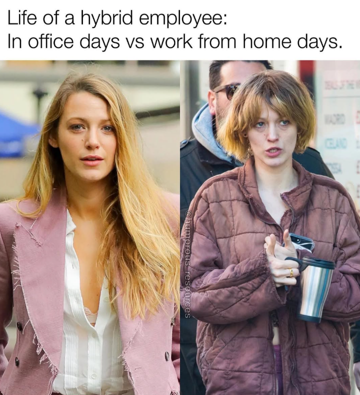 Life of a hybrid employee: In office days vs work from home days. humorous resources THE WAORD CELAND L
