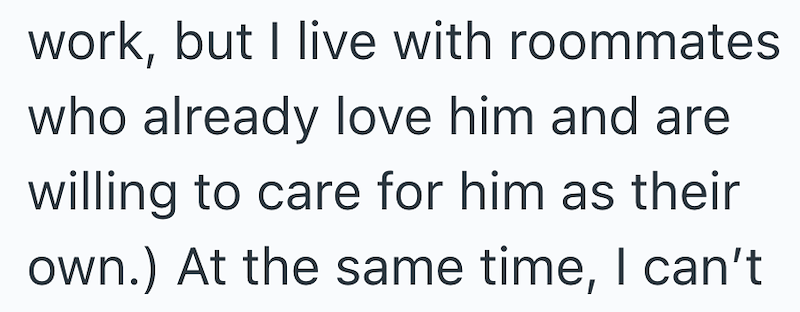 work, but I live with roommates who already love him and are willing to care for him as their own.) At the same time, I can't