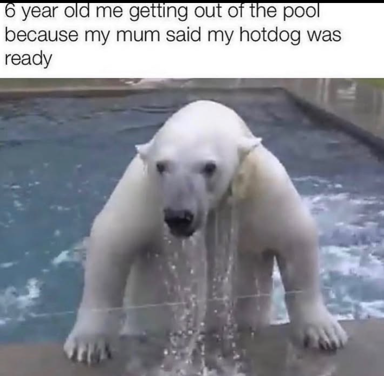 6 year old me getting out of the pool because my mum said my hotdog was ready