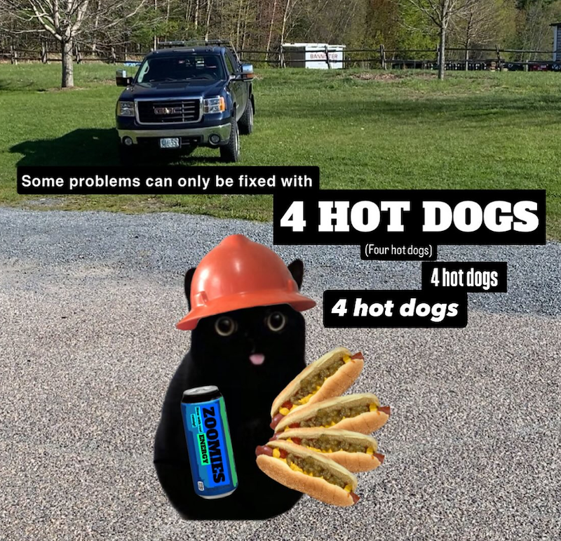 BANNER Some problems can only be fixed with 4 HOT DOGS (Four hot dogs) 4 hot dogs 4 hot dogs ZOOMIES ENERGY