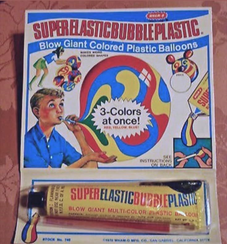 SUPERELASTICBUBBLEPLASTIC. Blow Giant Colored Plastic Balloons 3-Colors at once! HED, YELLOW, BLUES SEE INSTRUCTIONS ON BACK LE SUPERELASTICBUBBLEPLASI BLOW GIANT MULTI-COLOR ASTIC BOOM STOCK 740 1970 WHAM O MFG CO SAN GABEL CALFORNIA SUE SUPE