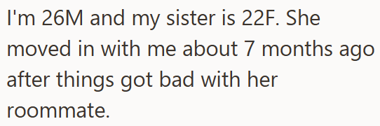 I'm 26M and my sister is 22F. She moved in with me about 7 months ago after things got bad with her roommate.