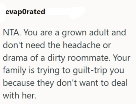 evaporated NTA. You are a grown adult and don't need the headache or drama of a dirty roommate. Your family is trying to guilt-trip you because they don't want to deal with her.