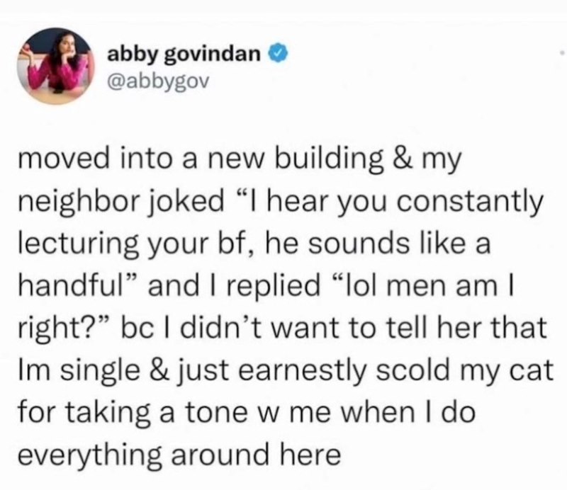 abby govindan @abbygov moved into a new building & my neighbor joked "I hear you constantly lecturing your bf, he sounds like a handful" and I replied "lol men am I right?" bc I didn't want to tell her that Im single & just earnestly scold my cat for taking a tone w me when I do everything around here