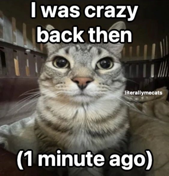 I was crazy back then literallymecats (1 minute ago)