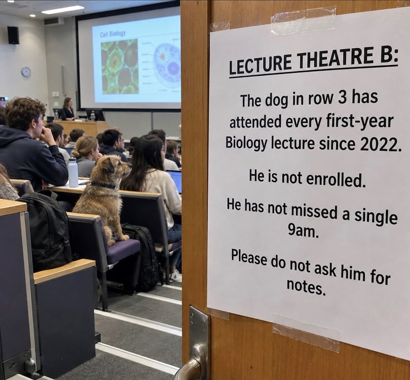 Cell Biology LECTURE THEATRE B: The dog in row 3 has attended every first-year Biology lecture since 2022. He is not enrolled. He has not missed a single 9am. Please do not ask him for notes.