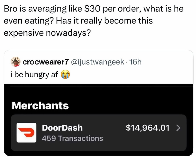 Bro is averaging like $30 per order, what is he even eating? Has it really become this expensive nowadays? crocwearer7 @ijustwangeek 16h i be hungry af Merchants ل DoorDash 459 Transactions $14,964.01 >