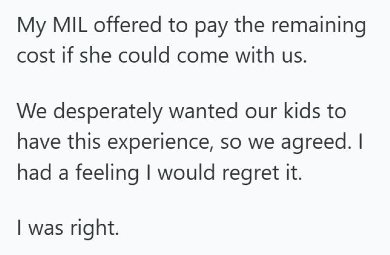 My MIL offered to pay the remaining cost if she could come with us. We desperately wanted our kids to have this experience, so we agreed. I had a feeling I would regret it. I was right.