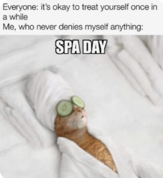 Everyone: it's okay to treat yourself once in a while Me, who never denies myself anything: SPA DAY