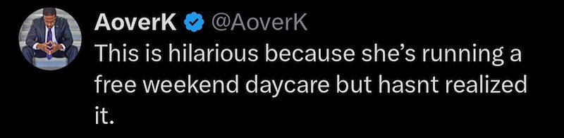 AoverK @Aoverk This is hilarious because she's running a free weekend daycare but hasnt realized it.