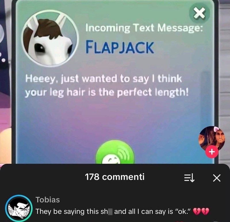 Incoming Text Message: FLAPJACK Heeey, just wanted to say I think your leg hair is the perfect length! + 178 commenti ⇒ X Tobias They be saying this sh and all I can say is "ok."