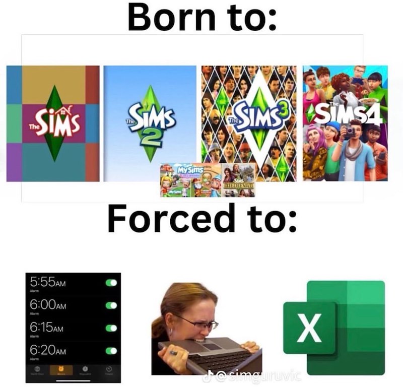 Born to: Sims SIM'S The The SIMS SIMS4 My Sims MEDIEVAL Forced to: 5:55AM Alarm 6:00AM Alarm 6:15AM Alarm 6:20AM Alarm X Josim uruvic