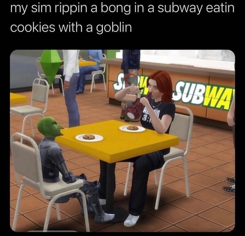 my sim rippin a bong in a subway eatin cookies with a goblin S H 3: SUBWA
