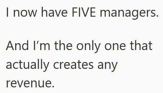 I now have FIVE managers. And I'm the only one that actually creates any revenue.