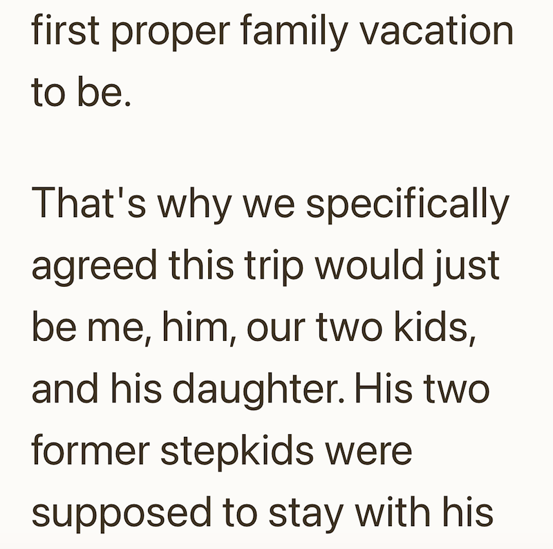 first proper family vacation to be. That's why we specifically agreed this trip would just be me, him, our two kids, and his daughter. His two former stepkids were supposed to stay with his