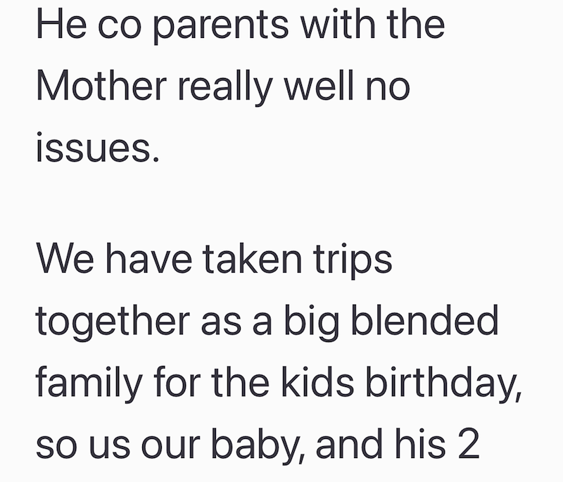 He co parents with the Mother really well no issues. We have taken trips together as a big blended family for the kids birthday, so us our baby, and his 2