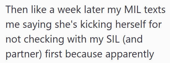Then like a week later my MIL texts me saying she's kicking herself for not checking with my SIL (and partner) first because apparently