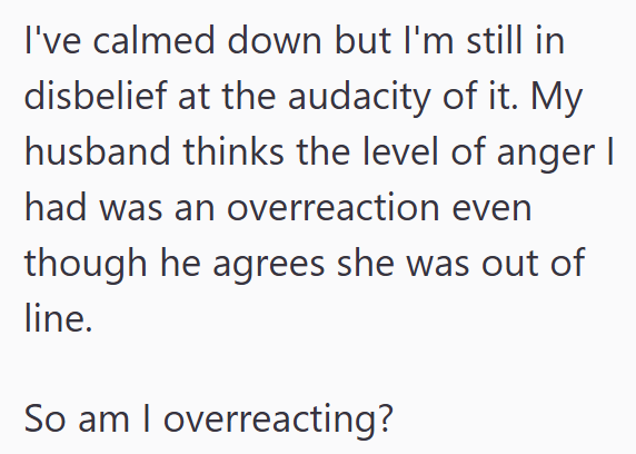 I've calmed down but I'm still in disbelief at the audacity of it. My husband thinks the level of anger I had was an overreaction even though he agrees she was out of line. So am I overreacting?