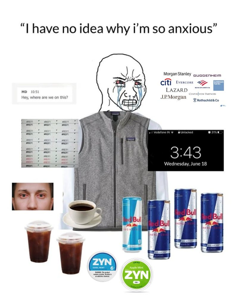 "I have no idea why i'm so anxious" MD 10:51 Hey, where are we on this? Morgan Stanley GUGGENHEIM Citi EVERCORE LAZARD J.P.Morgan BANK OF AMERICA Goldman CENTER VIEW PARTNERS Rothschild & Co REET REF REF REF WREET #REFT PREF REF REFI FREET REFT REF REFI REF REF SUGA Bul ZYN COOL MINT 6 Apple Mint ZYN Vodafone INT Unlocked 3:43 Wednesday, June 18 31% Bull Bull ed Bull NERG NERG