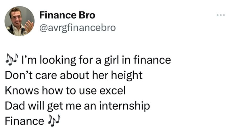 Finance Bro @avrgfinancebro ♪♪ I'm looking for a girl in finance. Don't care about her height Knows how to use excel Dad will get me an internship Finance 600
