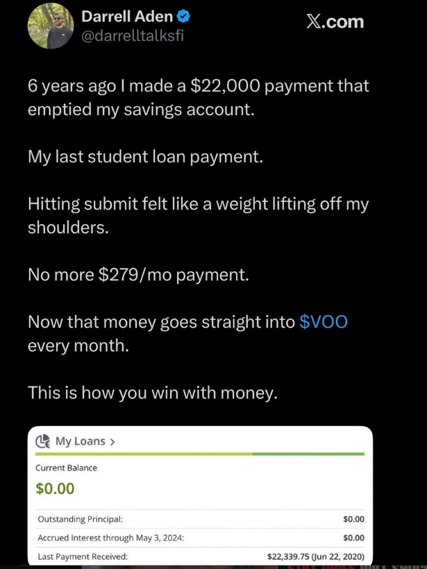 Darrell Aden @darrelltalksfi X.com 6 years ago I made a $22,000 payment that emptied my savings account. My last student loan payment. Hitting submit felt like a weight lifting off my shoulders. No more $279/mo payment. Now that money goes straight into $V00 every month. This is how you win with money. My Loans > Current Balance $0.00 Outstanding Principal: Accrued Interest through May 3, 2024: Last Payment Received: $0.00 $0.00 $22,339.75 (Jun 22, 2020)
