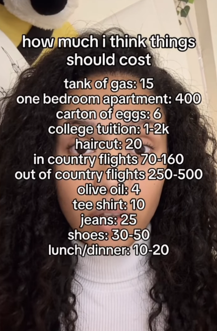 how much i think things should cost tank of gas: 15 one bedroom apartment: 400 carton of eggs: 6 college tuition: 1-2k haircut: 20 in country flights 70-160 out of country flights 250-500 olive oil: 4 tee shirt: 10 jeans: 25 shoes: 30-50 lunch/dinner: 10-20