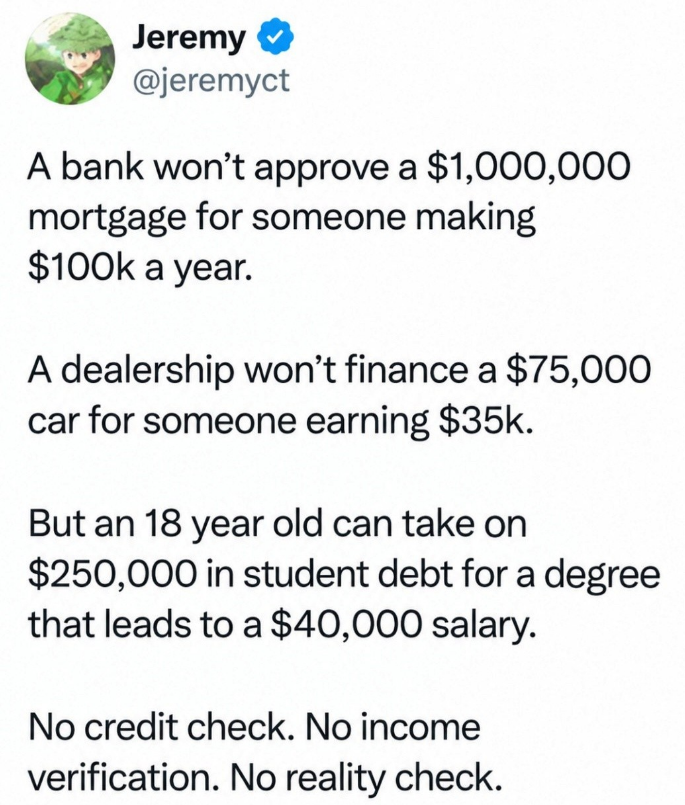 Jeremy ✔ @jeremyct A bank won't approve a $1,000,000 mortgage for someone making $100k a year. A dealership won't finance a $75,000 car for someone earning $35k. But an 18 year old can take on $250,000 in student debt for a degree that leads to a $40,000 salary. No credit check. No income verification. No reality check.