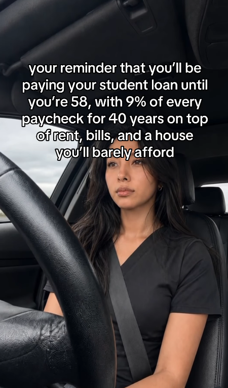 your reminder that you'll be paying your student loan until you're 58, with 9% of every paycheck for 40 years on top of rent, bills, and a house you'll barely afford ר