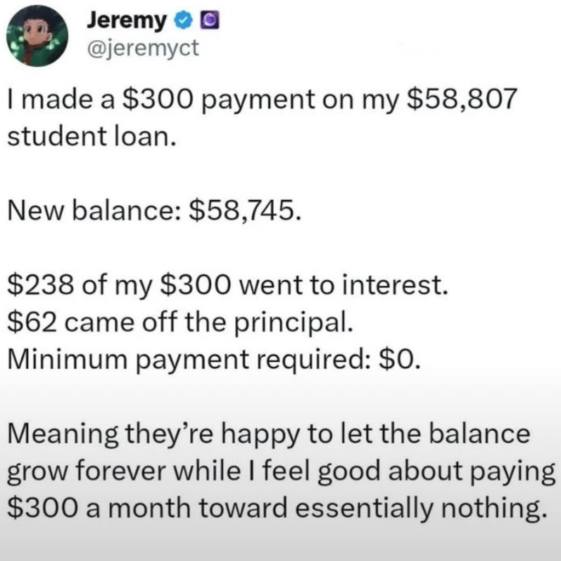 Jeremy @jeremyct I made a $300 payment on my $58,807 student loan. New balance: $58,745. $238 of my $300 went to interest. $62 came off the principal. Minimum payment required: $0. Meaning they're happy to let the balance grow forever while I feel good about paying $300 a month toward essentially nothing.