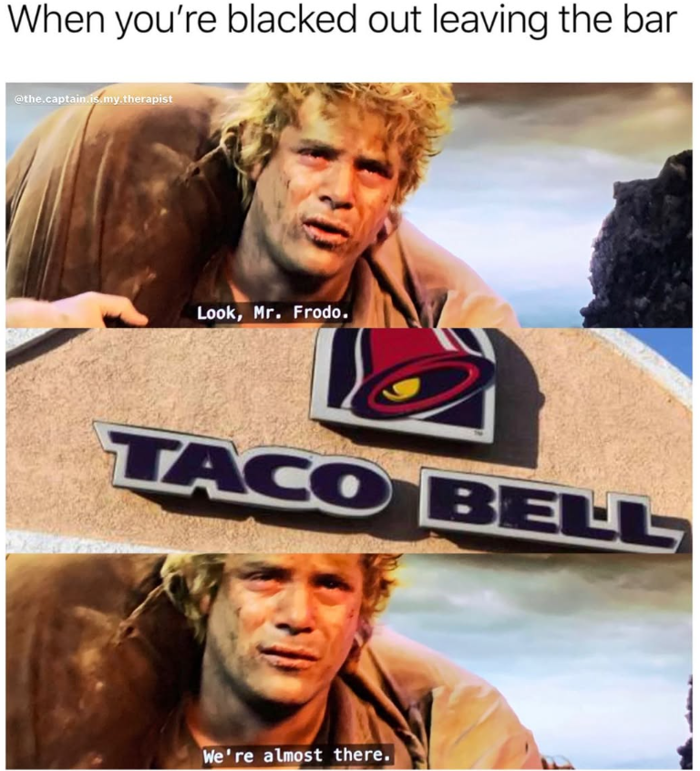 When you're blacked out leaving the bar @the.captain.is.my.therapist Look, Mr. Frodo. TACO BELL We're almost there.