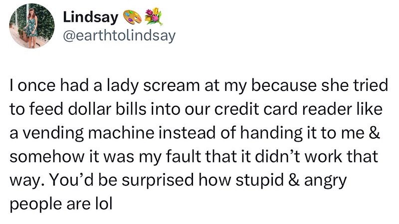 Lindsay @earthtolindsay I once had a lady scream at my because she tried to feed dollar bills into our credit card reader like a vending machine instead of handing it to me & somehow it was my fault that it didn't work that way. You'd be surprised how stupid & angry people are lol