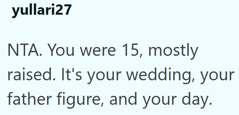 yullari27 NTA. You were 15, mostly raised. It's your wedding, your father figure, and your day.