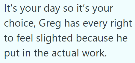 It's your day so it's your choice, Greg has every right to feel slighted because he put in the actual work.