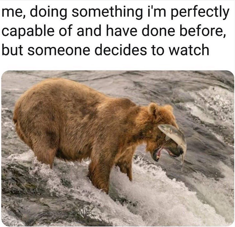 me, doing something i'm perfectly capable of and have done before, but someone decides to watch