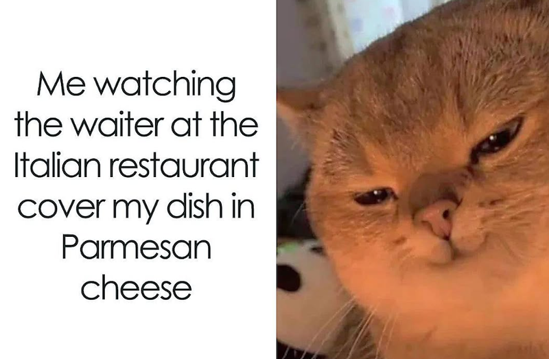 Me watching the waiter at the Italian restaurant cover my dish in Parmesan cheese