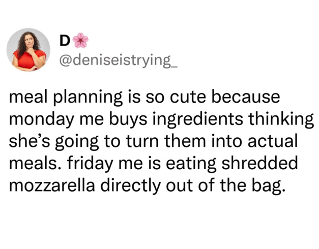 D @deniseistrying_ meal planning is so cute because monday me buys ingredients thinking she's going to turn them into actual meals. friday me is eating shredded mozzarella directly out of the bag.