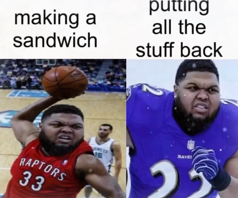 making a sandwich putting all the stuff back RAPTORS 33 ANCTS 16 RAVEL 22